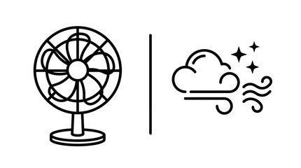 Obraz premium Electric fan icon next to wind and cloud icon for cooling and weather concept