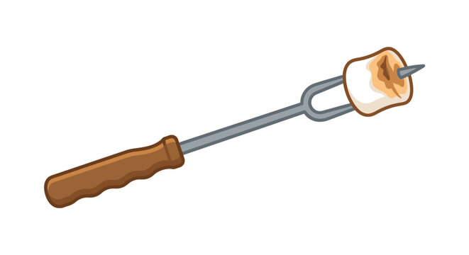 A single toasted marshmallow on a metal roasting stick isolated on white background.