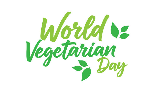 Bright green World Vegetarian Day cursive text vector with cheerful leaf flourishes for healthy eating events.