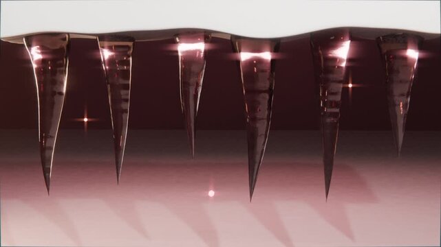 Lengthening drops on white strip as frames advance, shedding droplets while pink bead rising