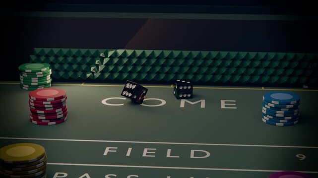 Launching two black dice across craps table, tumbling over COME toward chip stacks to settle bets
