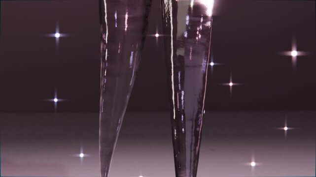 Growing glassy tapered spires merging into center as camera moving over mauve floor, star glints
