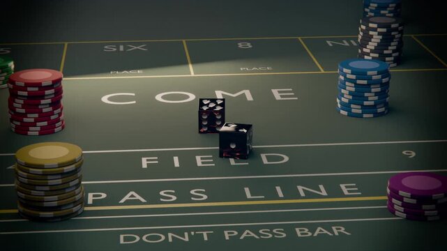 Rolling two black dice from toss, bouncing, turning, stopping on craps table with chips, COME or FIE