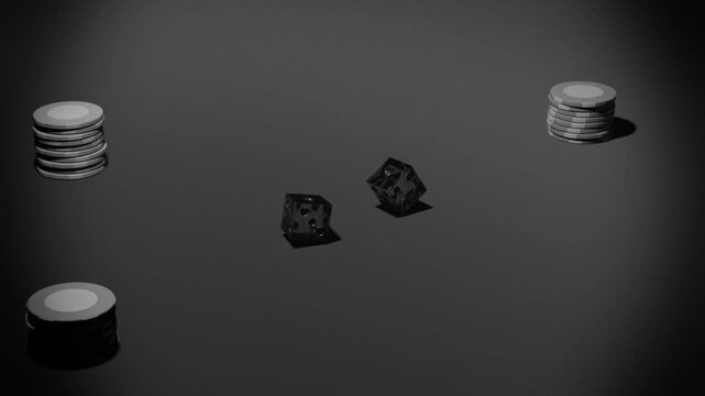 Launching two clear dice showing pips spinning, colliding and rolling on dark table with chips