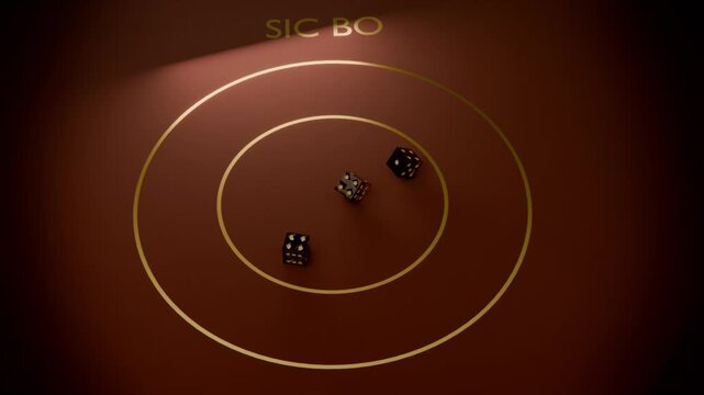 Tossing three black dice tumbling on maroon Sic Bo table, spotlight guiding rolls to decide bets