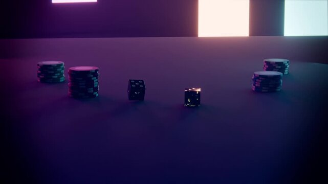 Dropping two veined dice, settling on studio table, revealing roll between chip stacks and panels