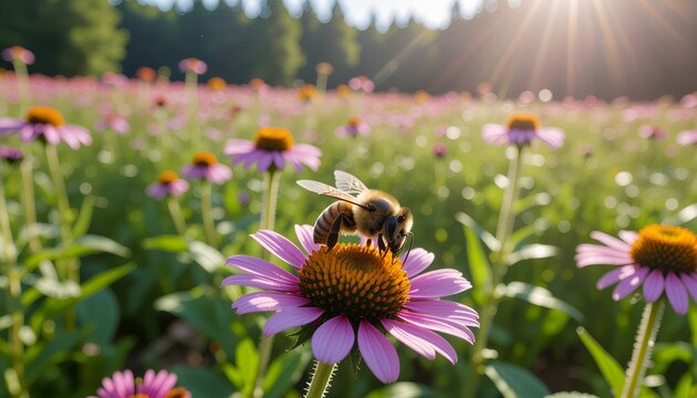 Honey bee pollinating purple coneflower in sunny meadow