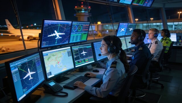 Diverse aviation team supervising nighttime flights in a high-tech airport control room.