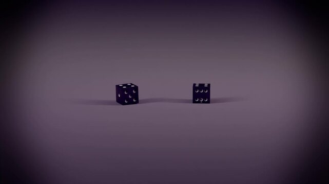 Initial toss launching two black dice tumbling and settling on tabletop stage, showing white pips