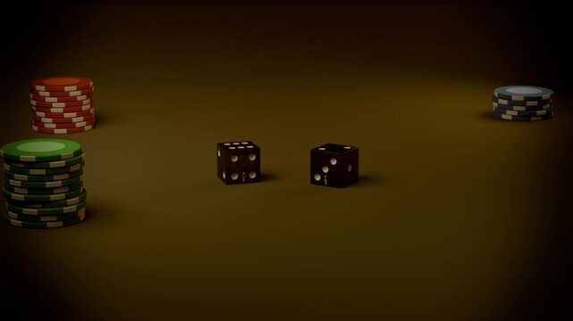 Toss launching two black dice tumbling then settling on felt for game outcome, poker chips
