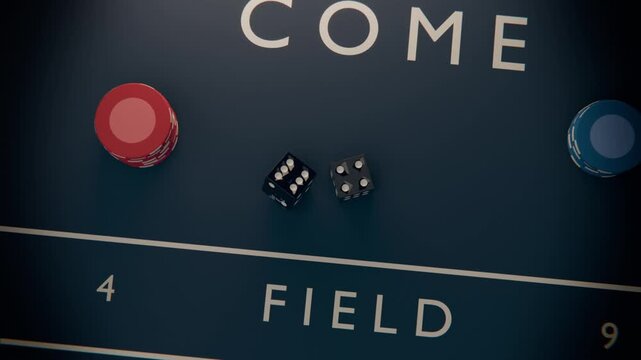 Throwing black dice with white pips tumbling across FIELD on craps table, settling three four