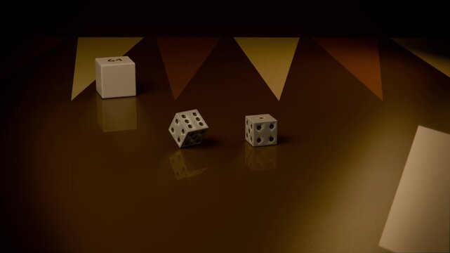 Dropping metallic dice rolling rotating on glossy brown tabletop in studio to settle near cube 64