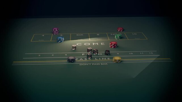 Throwing smoky dice tumbling across craps table, settling in COME area with chips resolving bets