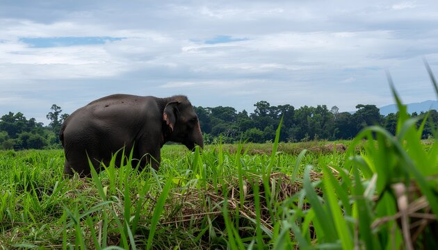 Asian Elephant Walking in Lush Green Grassland Under Cloudy Sky