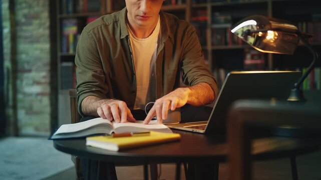 Male student studying literature on laptop in bookshop while drinking tea