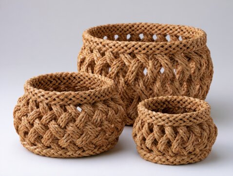 Set of Three Woven Rope Baskets on White Background for Home Decor