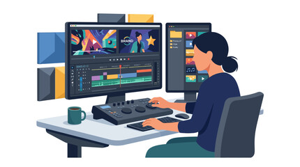 Fototapeta premium Video editor using professional console and dual monitors.