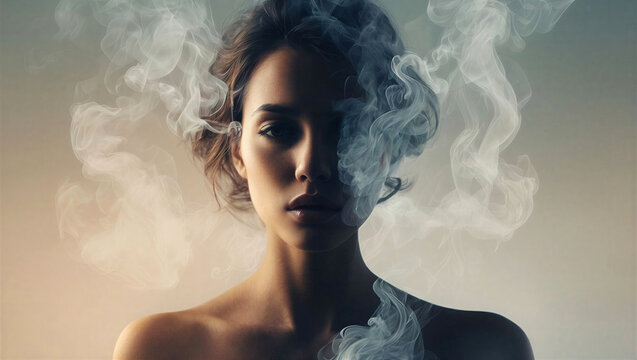 portrait of a young woman enveloped in white smoke clouds