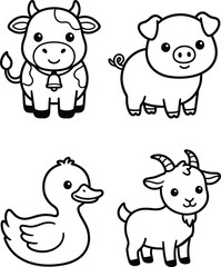 Fototapeta premium Four adorable cartoon farm animals including a little cow, a pig, a small duck, and a happy baby goat for coloring.