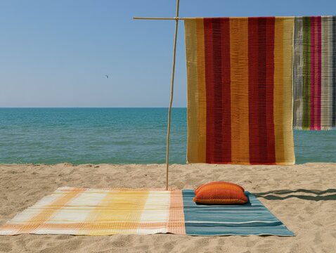 Colorful beach shelter setup on a sunny day by the ocean shore