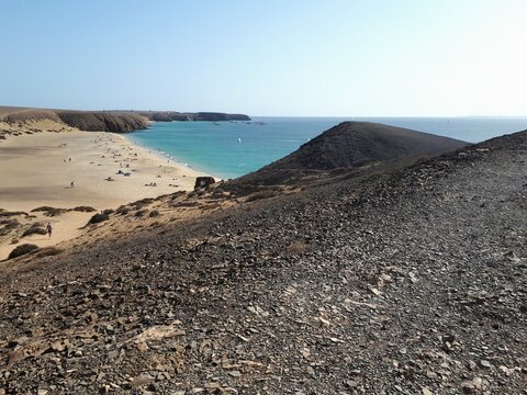 Volcanic foreground above Playa Mujeres, Lanzarote, Canary Islands, Spain