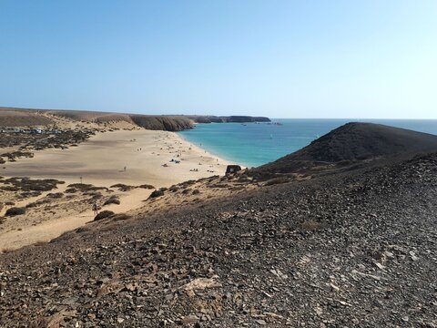 Volcanic hills overlooking Playa Mujeres, Lanzarote, Canary Islands, Spain
