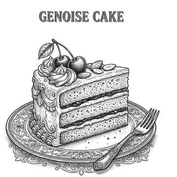 Vintage engraving style illustration of a single slice of multi-layer genoise cake on an ornate plate with cherries, almonds, cream, and a fork
