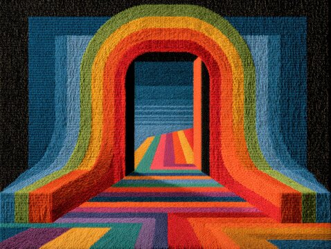 Abstract rainbow arch and patterned path in vibrant, textured artwork