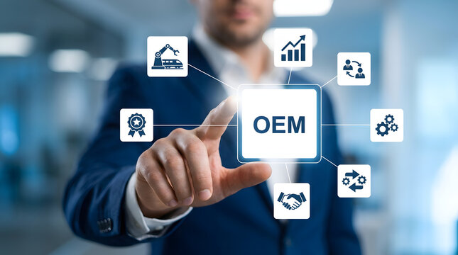 Professional selecting oem concept with digital interface with interface surrounded interconnected interconnected icons representing representing manufacturing growth
