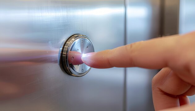 Hand Pressing a Silver Circular Elevator Call Button
