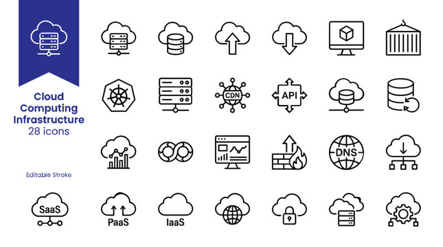 Cloud computing infrastructure icon set, 28 linear network and server icons, SaaS and database vector symbols for web design