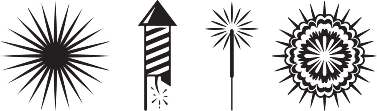 Festive fireworks celebration icons featuring rockets and starburst patterns fireworks celebration