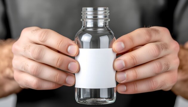 Person holding empty glass medicine bottle with blank white label