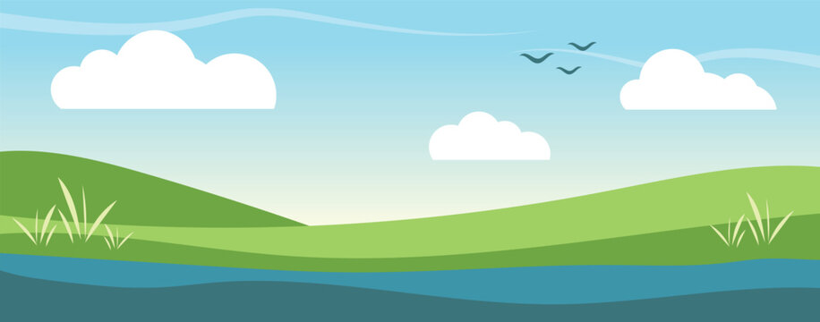 Minimal flat landscape background with rolling green hills, river, clouds and blue sky. Modern paper cut nature vector illustration for banners, websites, presentations and eco design.