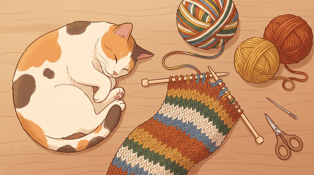 Cozy flat vector illustration of a cute calico cat curled up and sleeping next to colorful balls of yarn, wooden knitting needles, a knitted scarf, and scissors.