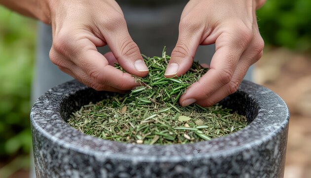 Hands Crushing Dried Rosemary Herbs in a Granite Stone Mortar