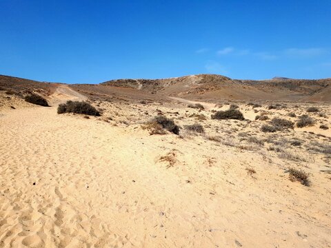 Sand dunes and arid coastal landscape at Playa Mujeres, Lanzarote, Canary Islands, Spain