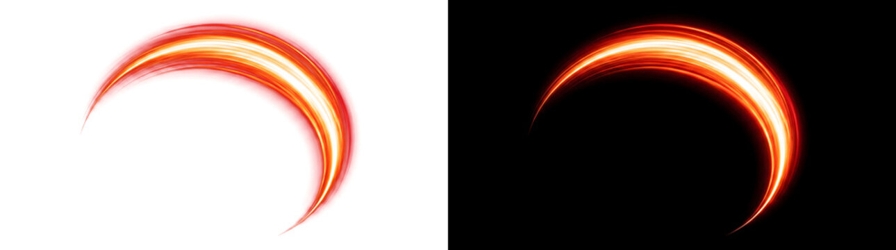 Light streak glowing orange fire arc design ideal for banners in PNG, Transparent and Black Background Versions for design use