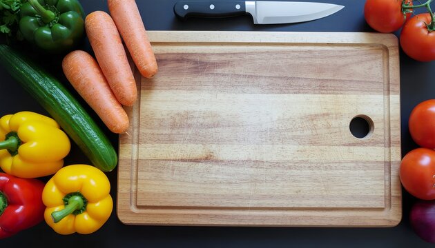 Top View of Empty Wooden Cutting Board and Fresh Colorful Vegetables