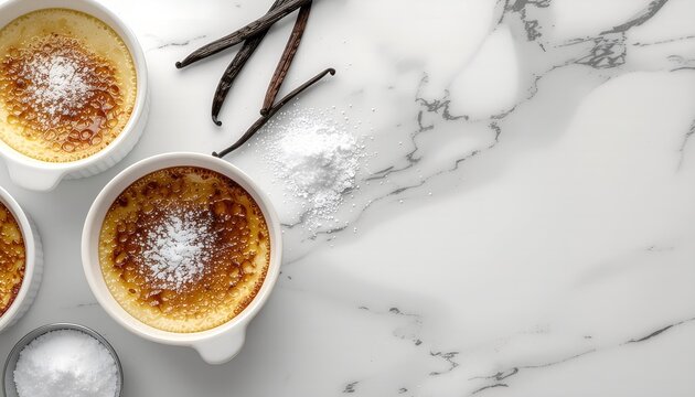 Gourmet Creme Brulee with Vanilla Beans and Sugar on White Marble