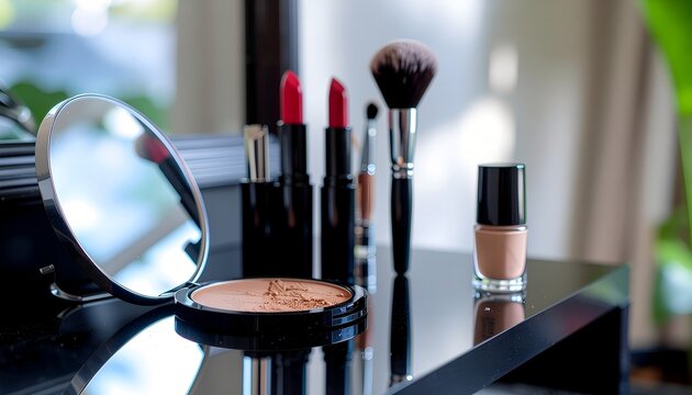 Professional makeup products and tools on a reflective black table