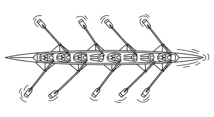 Top view illustration of an eight person rowing crew in a racing shell boat. © Salis