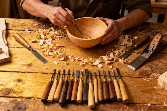 Woodworker Carving Bowl with Tools on Workbench
