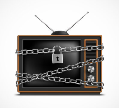 Retro style TV with metal chains and a lock around the screen. Isolated on a white background. Vector illustration