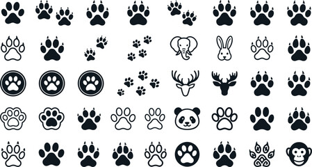 Animal paw print vector icon set featuring dog cat bear wild beast tracks and wildlife animal heads isolated on white background © MstYasmin