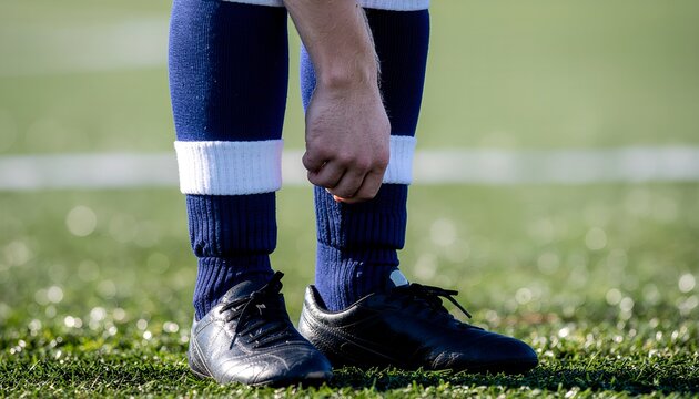 Soccer Player Adjusting Socks on Green Turf Field