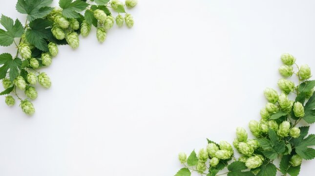 Fresh green hop cones with leaves isolated on white background