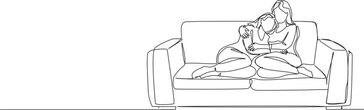 continuous line drawing of two women cuddling on a couch, line art vector illustration