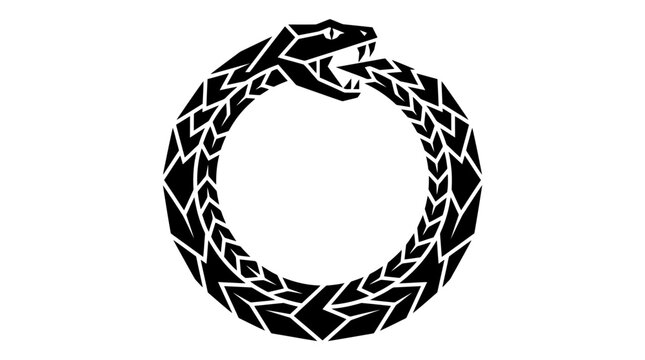 Geometric Ouroboros Snake Biting Tail Symbol, Ancient Serpent Circle, Black and White Graphic