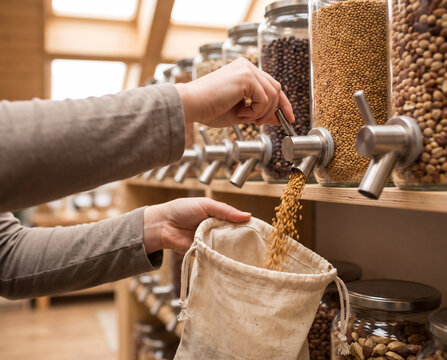 Hands pouring dried grain from a bulk bin dispenser into a reusable cloth bag